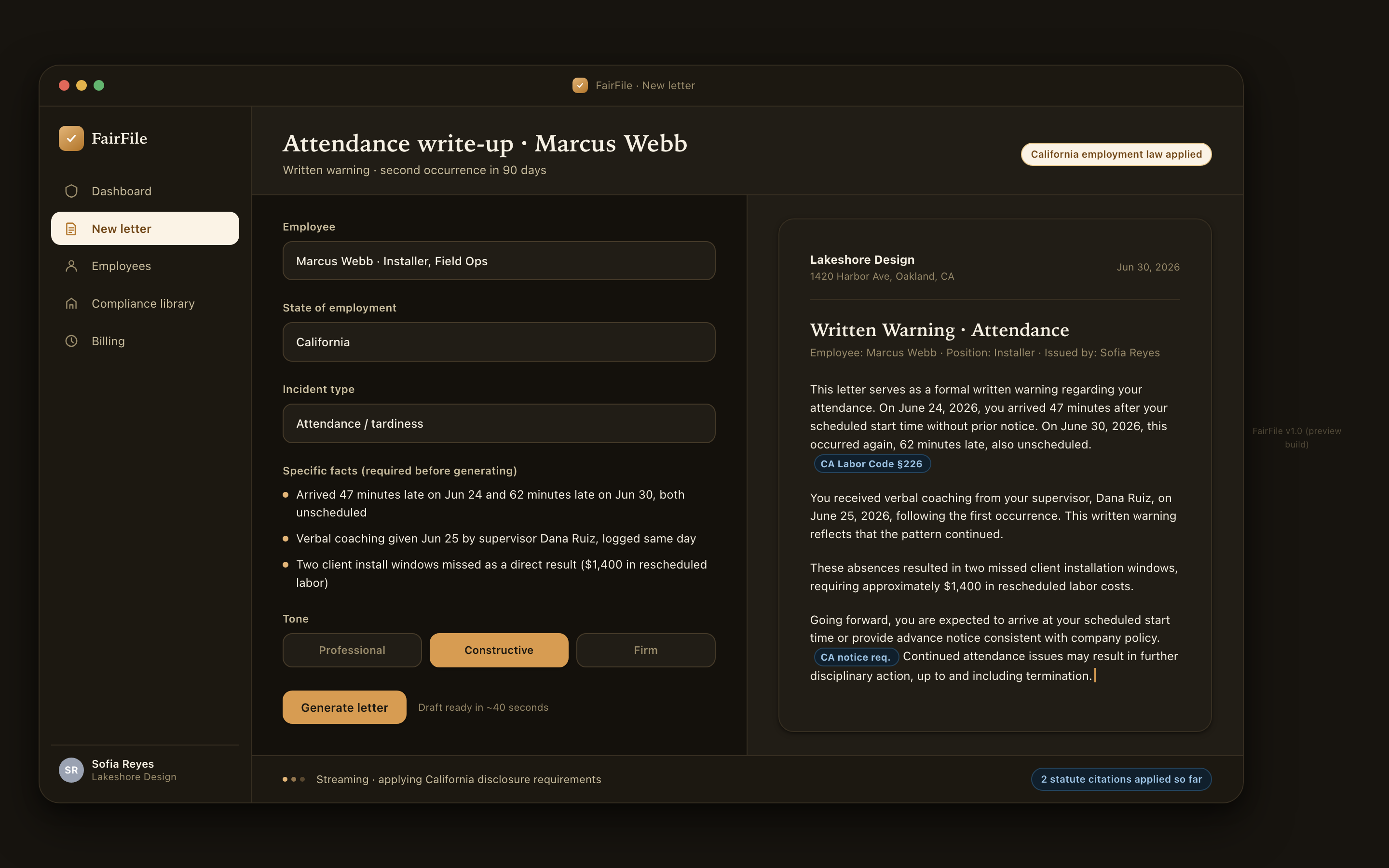 Split-screen live letter generation with inline statute citations appearing as the letter streams in, dark mode.