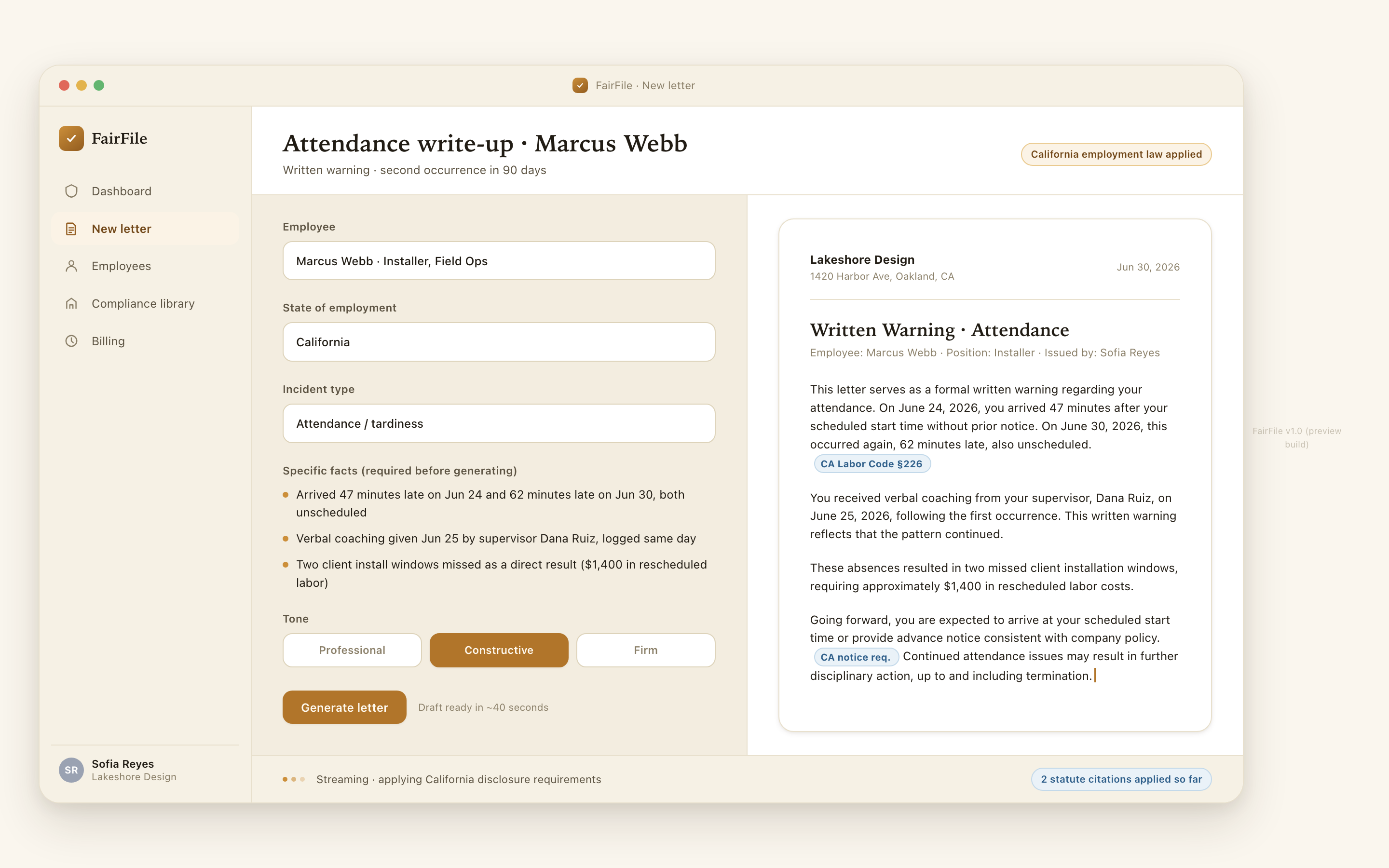 Split-screen live letter generation with inline statute citations appearing as the letter streams in.