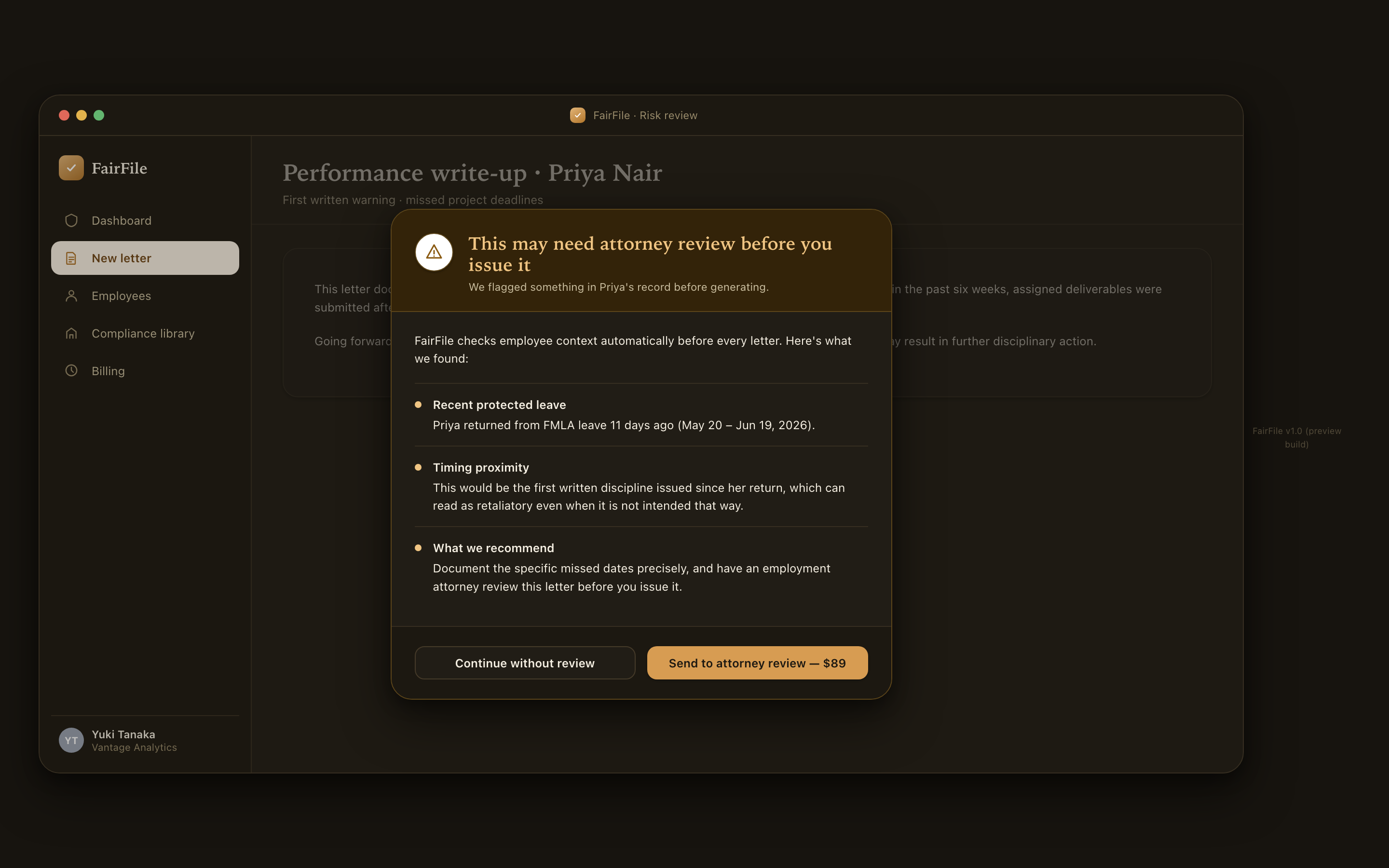 Risk-flagging interstitial pausing letter generation to flag a recent FMLA return before a written warning issues, dark mode.