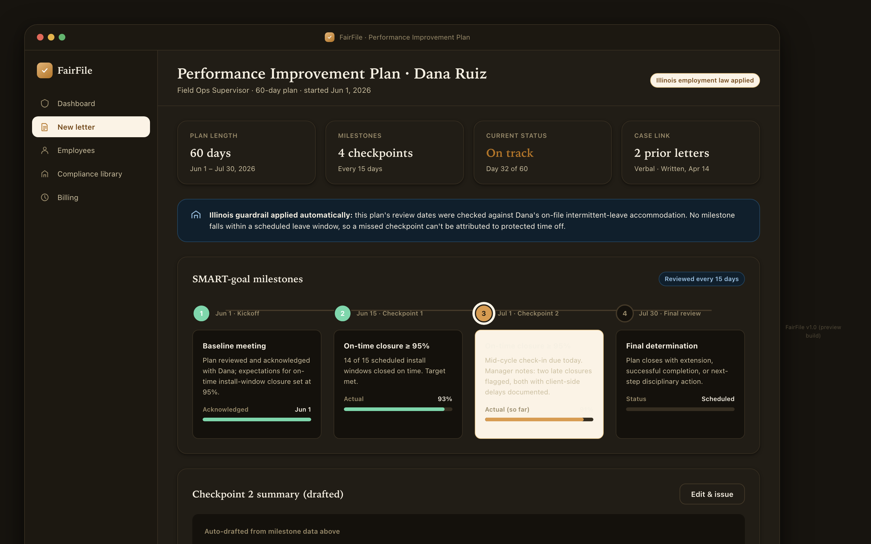 PIP builder with SMART-goal milestone timeline, mid-cycle at checkpoint two, dark mode.