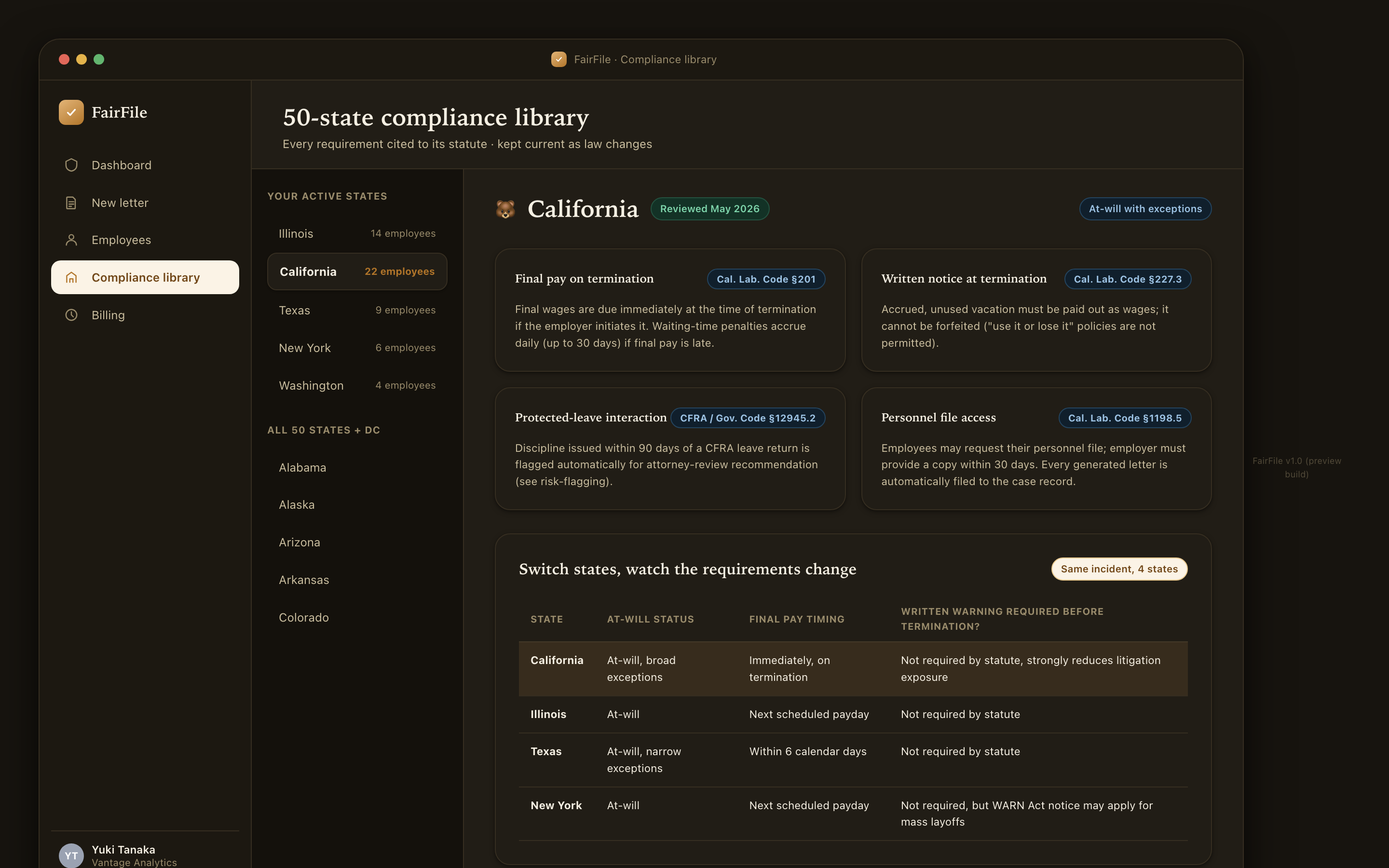 State compliance library with California selected, dark mode.