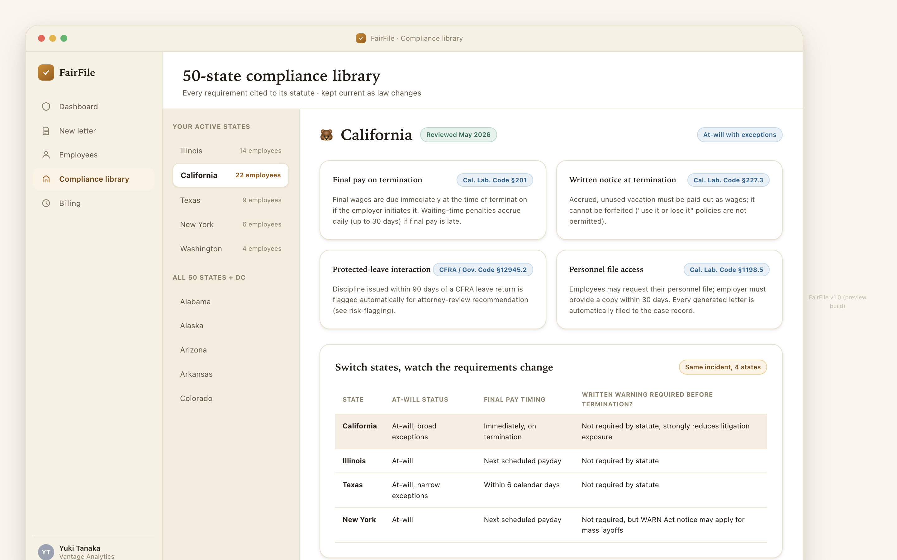 State compliance library with California selected, showing four cited statute requirement cards and a cross-state comparison table.