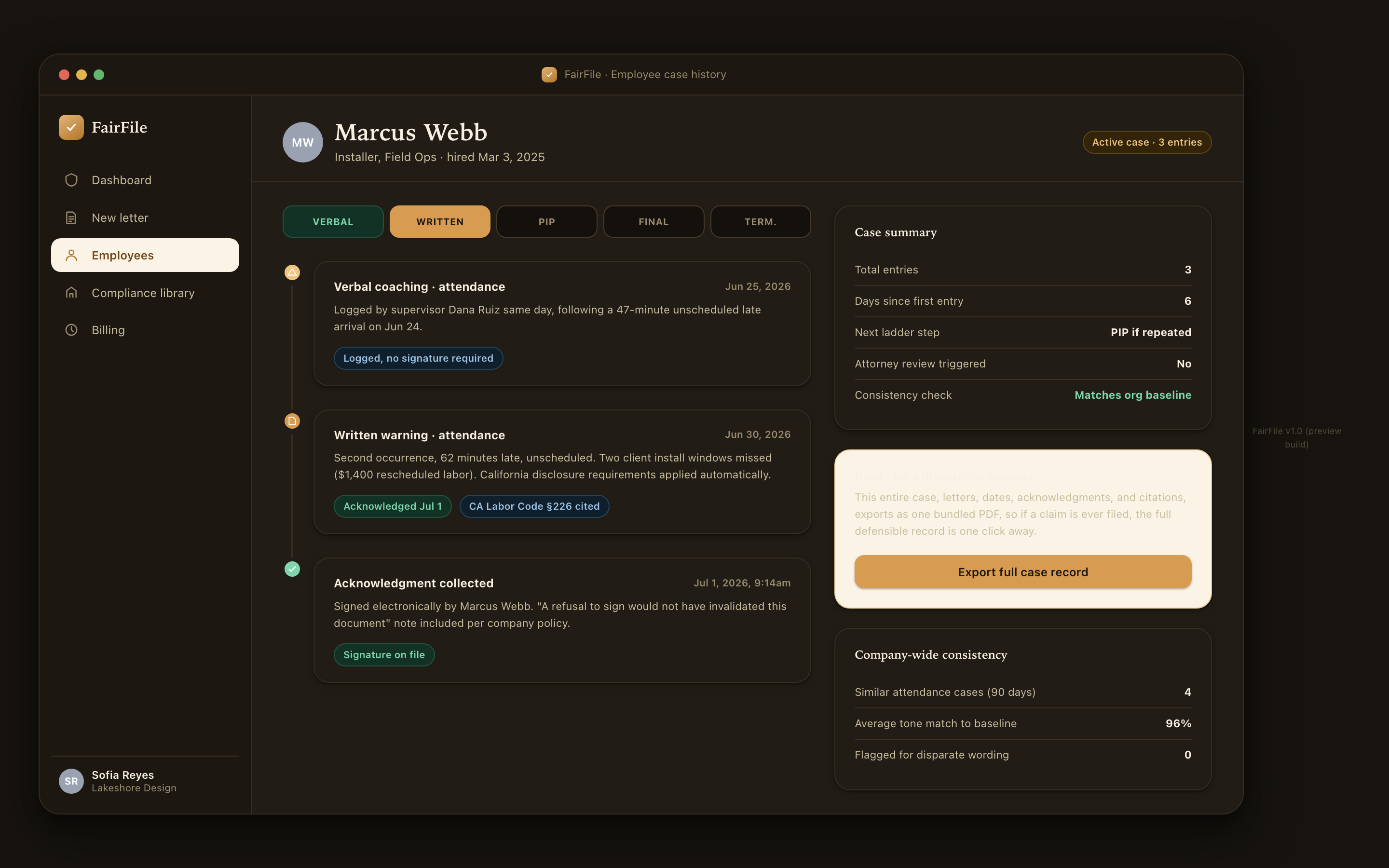 Employee case history and audit trail, dark mode.