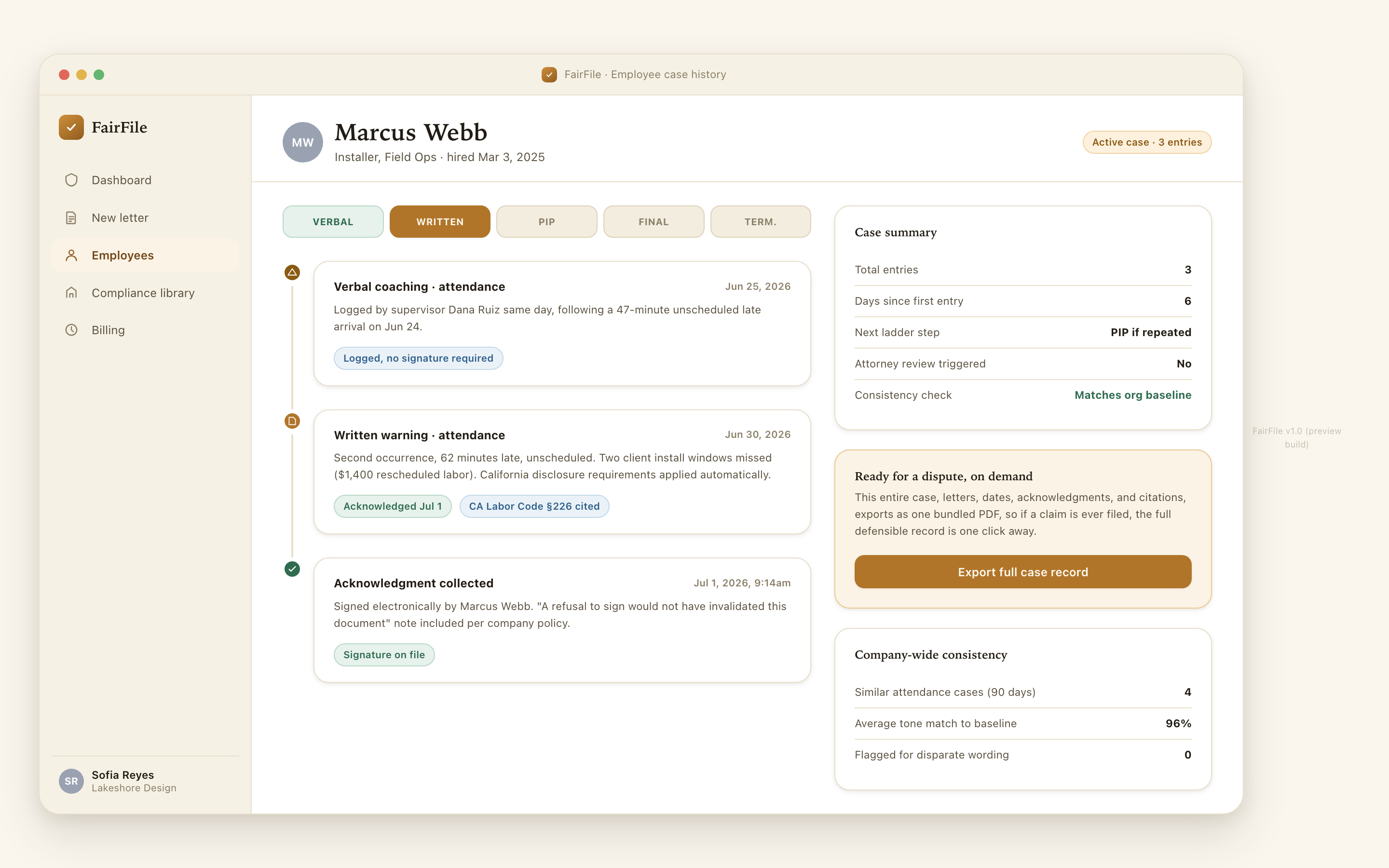 Employee case history and audit trail showing a progressive-discipline ladder, three chronological entries, and one-click export.